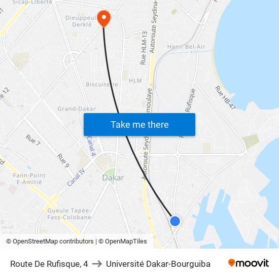 Route De Rufisque, 4 to Université Dakar-Bourguiba map