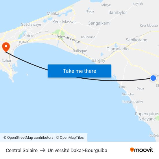 Central Solaire to Université Dakar-Bourguiba map