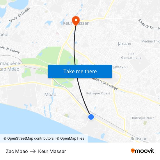 Zac Mbao to Keur Massar map