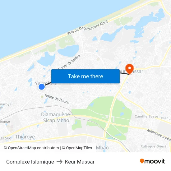 Complexe Islamique to Keur Massar map