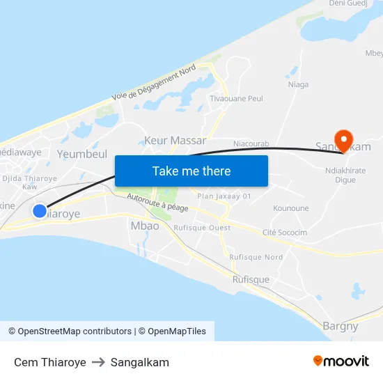 Cem Thiaroye to Sangalkam map