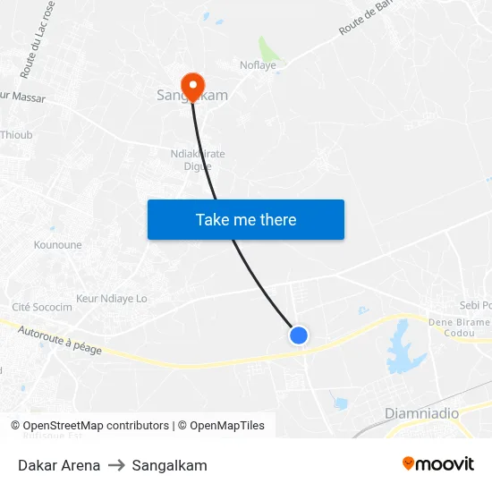 Dakar Arena to Sangalkam map