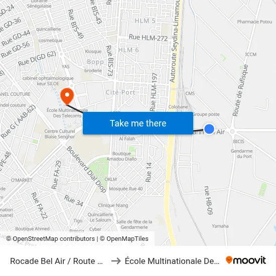 Rocade Bel Air / Route De Rufisque to École Multinationale Des Telecoms map