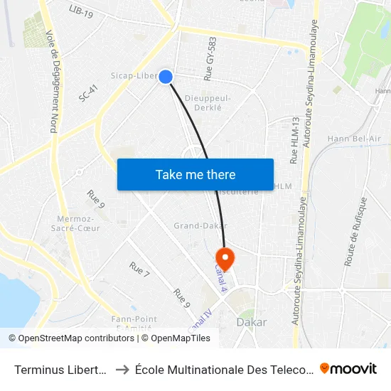 Terminus Liberté 5 to École Multinationale Des Telecoms map