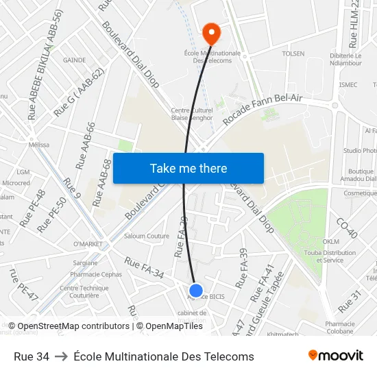 Rue 34 to École Multinationale Des Telecoms map
