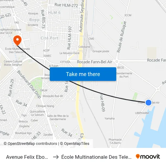 Avenue Felix Eboue, 2 to École Multinationale Des Telecoms map