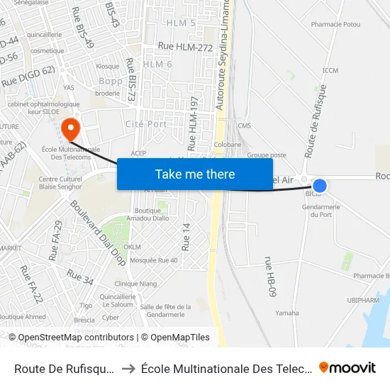 Route De Rufisque, 8 to École Multinationale Des Telecoms map