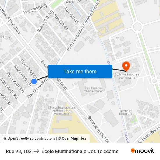 Rue 98, 102 to École Multinationale Des Telecoms map