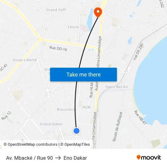 Av. Mbacké / Rue 90 to Eno Dakar map