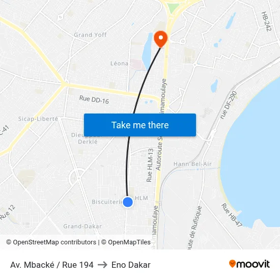 Av. Mbacké / Rue 194 to Eno Dakar map