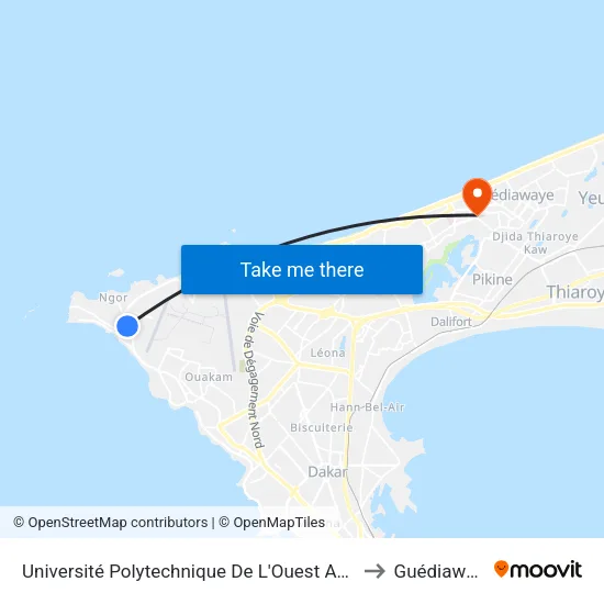 Université Polytechnique De L'Ouest Africain to Guédiawaye map
