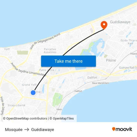 Mosquée to Guédiawaye map