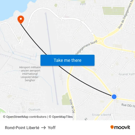 Rond-Point Liberté to Yoff map