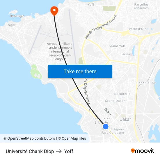 Université Chank Diop to Yoff map