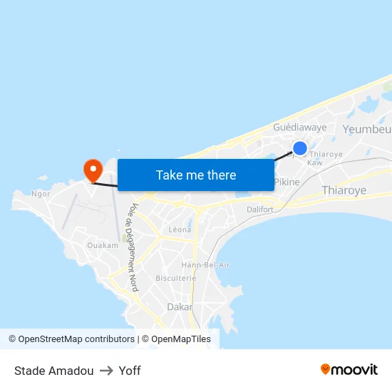 Stade Amadou to Yoff map