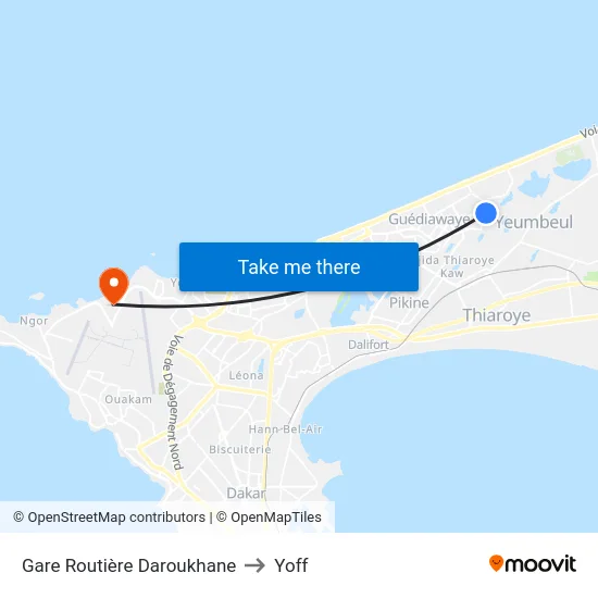 Gare Routière Daroukhane to Yoff map