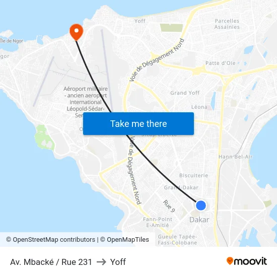 Av. Mbacké / Rue 231 to Yoff map