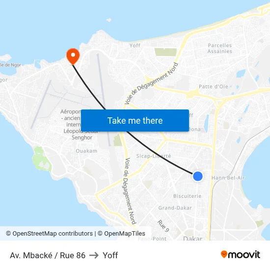 Av. Mbacké / Rue 86 to Yoff map
