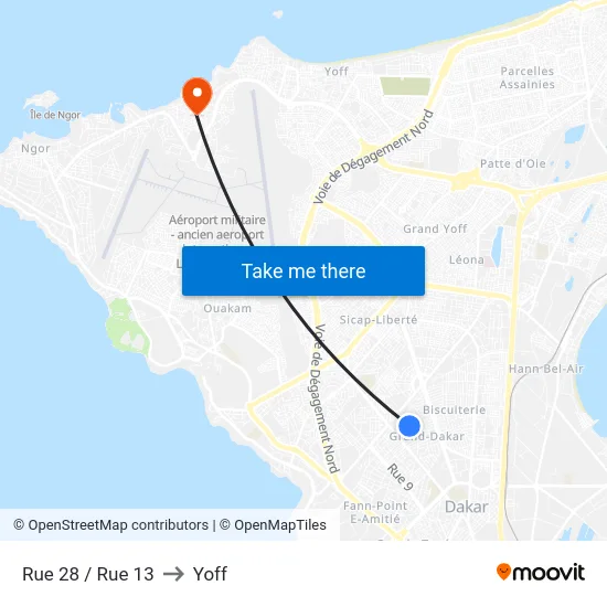 Rue 28 / Rue 13 to Yoff map