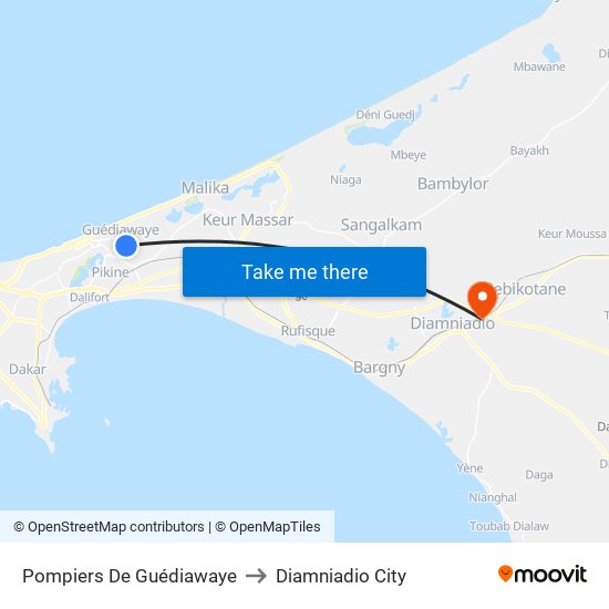 Pompiers De Guédiawaye to Diamniadio City map