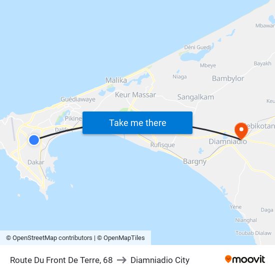 Route Du Front De Terre, 68 to Diamniadio City map