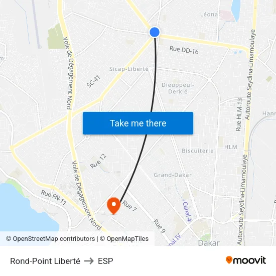 Rond-Point Liberté to ESP map