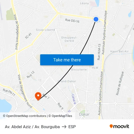 Av. Abdel Aziz / Av. Bourguiba to ESP map