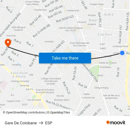 Gare De Colobane to ESP map
