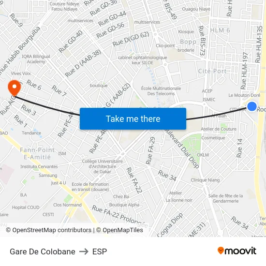 Gare De Colobane to ESP map