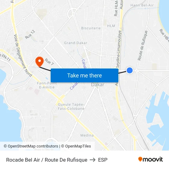 Rocade Bel Air / Route De Rufisque to ESP map