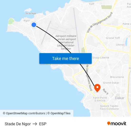Stade De Ngor to ESP map