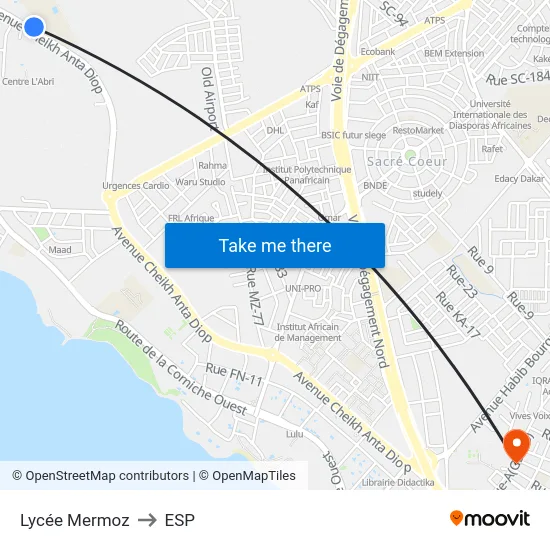 Lycée Mermoz to ESP map