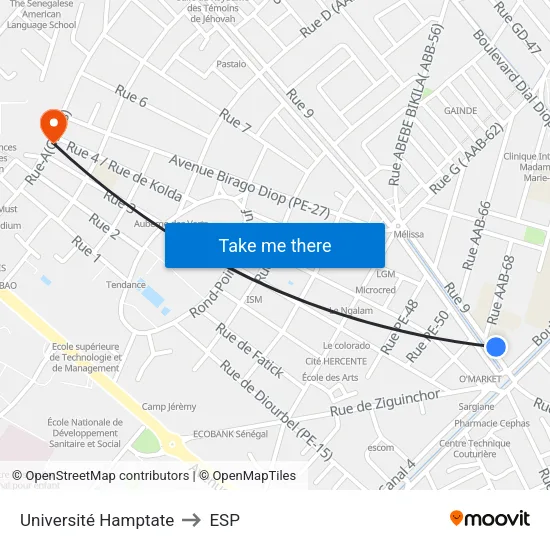 Université Hamptate to ESP map