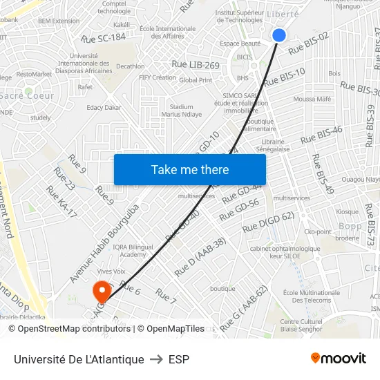 Université De L'Atlantique to ESP map