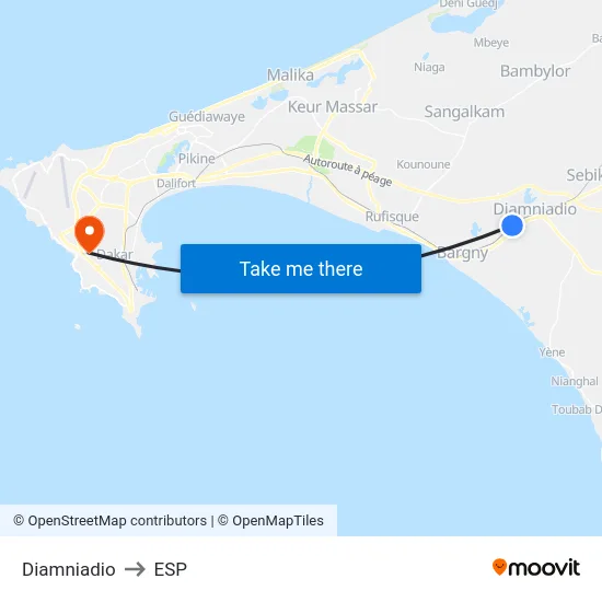 Diamniadio to ESP map