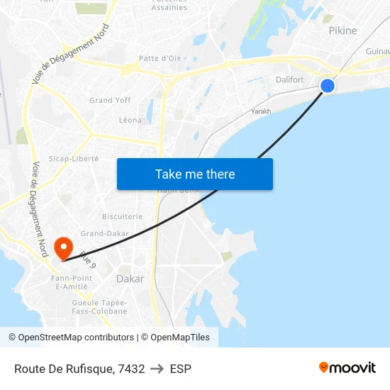 Route De Rufisque, 7432 to ESP map