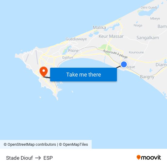 Stade Diouf to ESP map