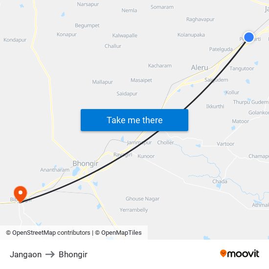 Jangaon to Bhongir map