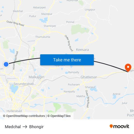 Medchal to Bhongir map