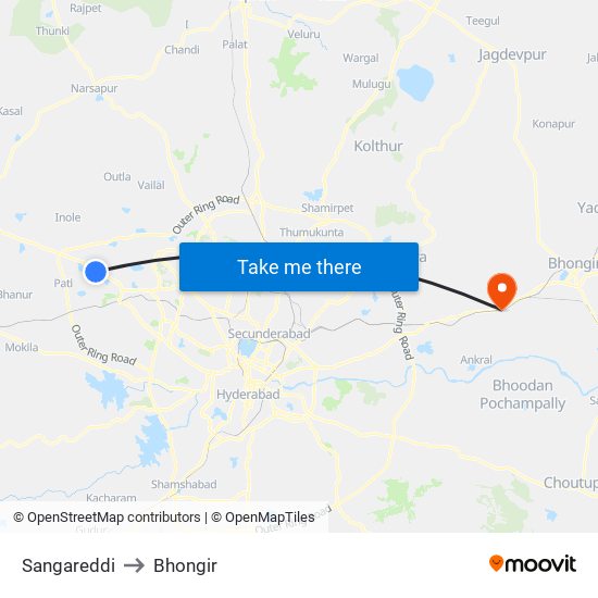 Sangareddi to Bhongir map