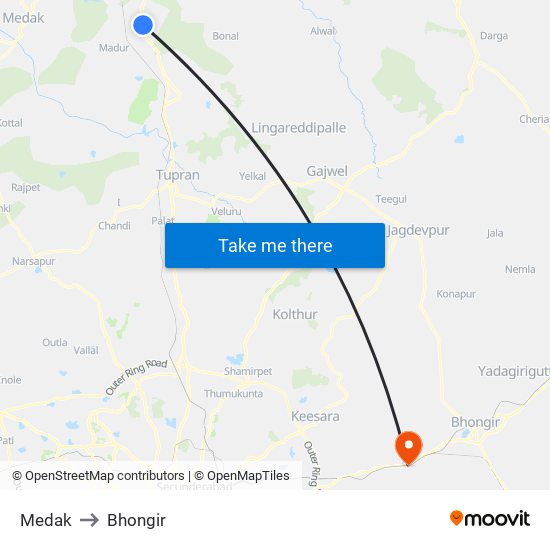 Medak to Bhongir map