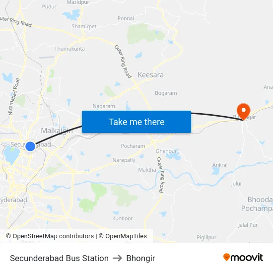 Secunderabad Bus Station to Bhongir map