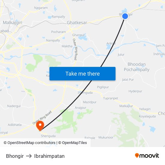 Bhongir to Ibrahimpatan map