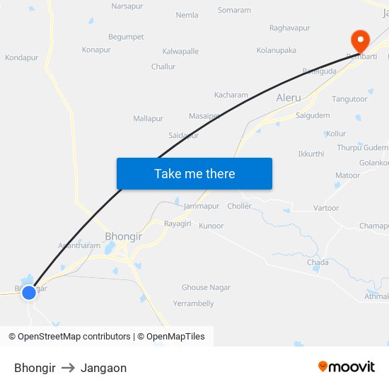 Bhongir to Jangaon map