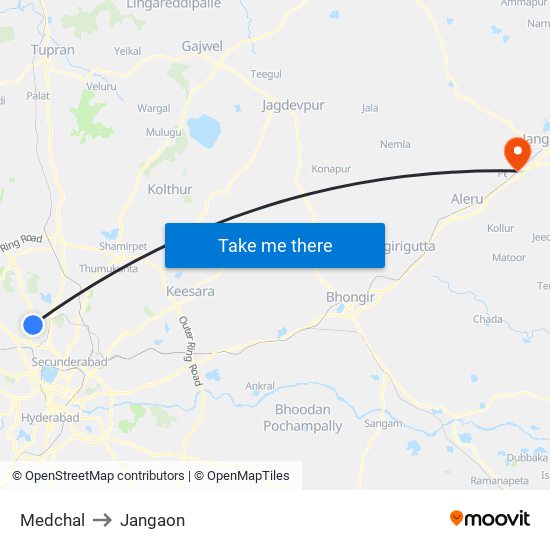 Medchal to Jangaon map