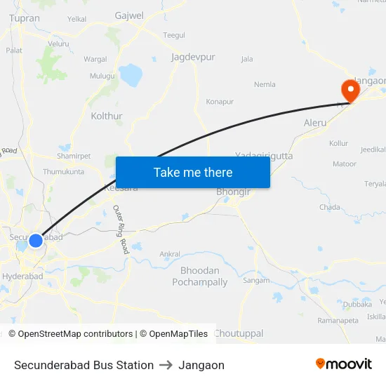 Secunderabad Bus Station to Jangaon map