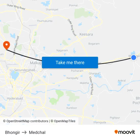 Bhongir to Medchal map