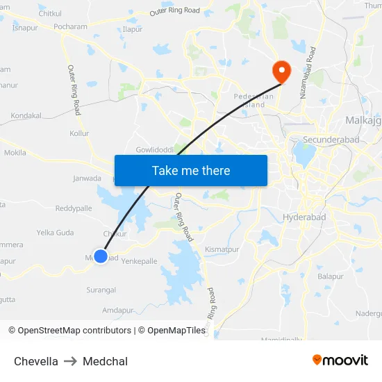Chevella to Medchal map