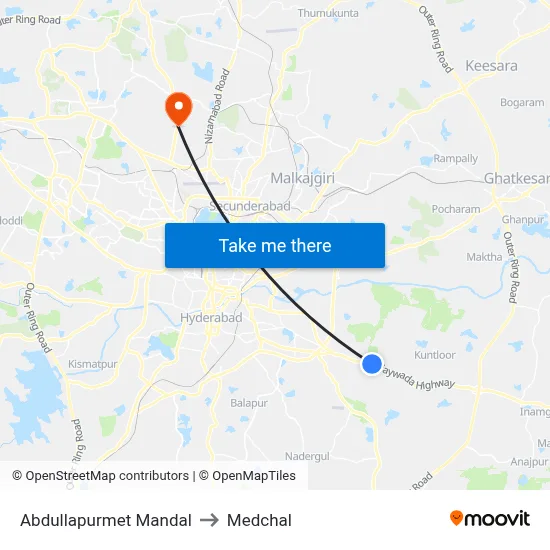 Abdullapurmet Mandal to Medchal map