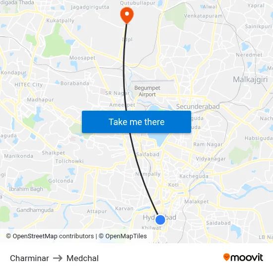 Charminar to Medchal map